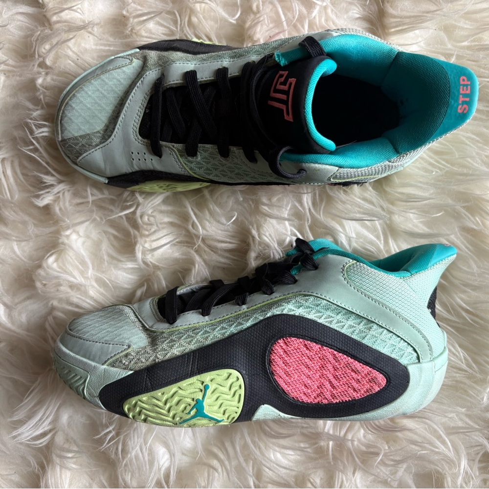Air Jordan’s Kids Athletic Sneakers in Mint Green with Pink Accents